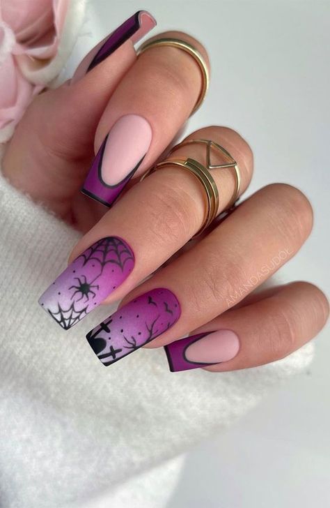 Sugar Effect, Halloween Press On Nails, Short Fake Nails, Nails Purple, Pumpkin Nails, Nail Art Set, Purple Halloween, Nails Medium, Halloween Nail Designs