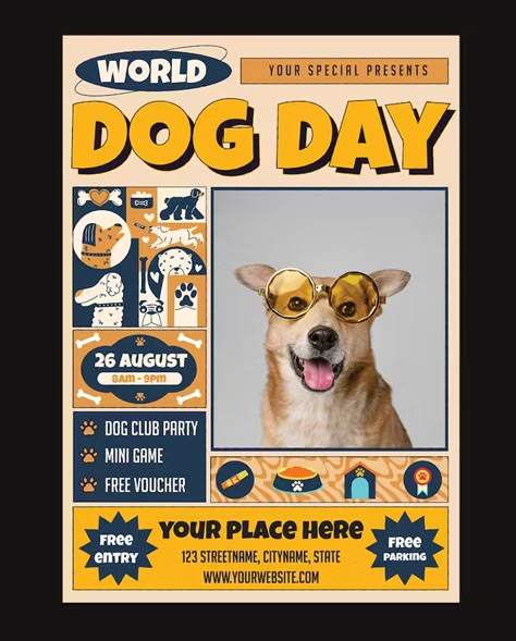 Dog Day Flyer Template AI, EPS Poster Dog Design, Pet Event Poster, Dog Event Poster, Dog Flyer Design, Pet Poster Design, Animal Poster Design, Dog Poster Design, Pet Sitting Flyer, Dog Event