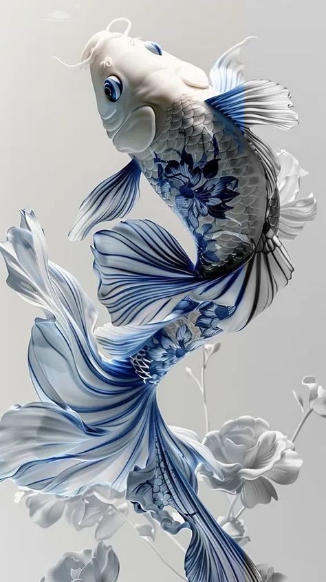 Full Color Image in ai-img-gen.com 🔸 Photography work, a fighting fish, the body of the fighting fish is adorned with a blue and white fl... 🔸 From Midjourney AI Image Koi Fish Aesthetic, Koi Wallpaper, Blue Koi Fish, White Koi Fish, Blue Koi, Koi Art, Carpe Koi, Japanese Koi, Office Wall Decoration