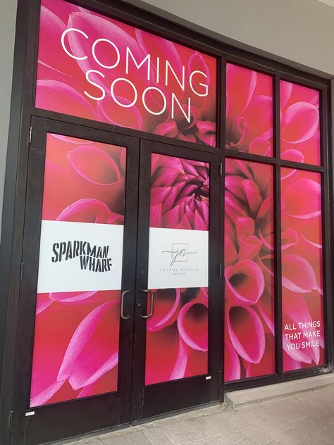 Joyful Notion’s coming soon window vinyl signage in Sparkman Warf.  Tampa Florida Store Coming Soon Window, Coming Soon Shop Window, One Way Vision Window Graphics, Salon Window Signage, Coming Soon Window Display, Window Signage Design, Window Graphic Design Store Fronts, Coming Soon Signage, Window Vinyl Design