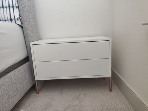 IKEA Eket with legs (Sara Brass) from Norse Interiors Ikea Eket Nightstand, Eket Nightstand, Norse Interiors, Nightstand Hack, Ikea Eket, Minimal Life, Ikea Ideas, Ikea Hacks, Ikea Hack