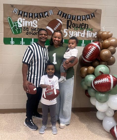 The cutest party for this little football-loving 5 year old and his baby brother! This was my first joint party birthday banner and I was HERE FOR IT🏈🥳 #footballparty #birthdayparty #firstyeardown #firstbirthday #birthdaypartydecor #birthdaypartyideas #handpaintedsigns #kraftpaper Kids Football Birthday Party, First Birthday Football Theme, Football Themed Birthday Party, Baby First Birthday Themes, Football Birthday Party, I Was Here, First Birthday Themes, Football Love, Football Birthday