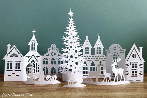 Cricut Christmas Ideas, Christmas Village Houses, Christmas Paper Crafts, Christmas Tree Stand, 3d Paper Crafts, Christmas Mantels, Paper Christmas, 3d Christmas, Christmas Templates