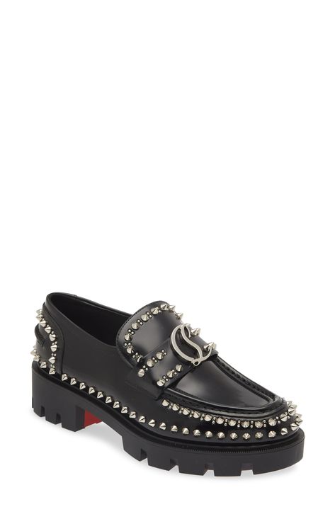 Christian Louboutin CL Studded Lug Sole Loafer available at #Nordstrom Red Louboutin, Footwear Design Women, Lug Sole, Leather Loafers, Loafers For Women, Designer Shoes, Slip On Sneaker, Womens Sneakers, Christian Louboutin