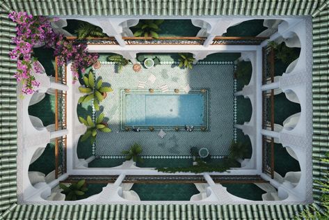 ArtStation - Moroccan Riad II Moroccan Floor Plan, Moroccan Riad Interior, Moroccan Riad Exterior, Middle East Garden, Moroccan Gazebo, Moroccan House Plan, Moroccan House Exterior, Morrocan Courtyard, Riad Courtyard