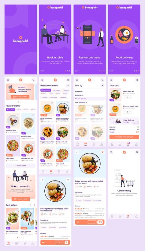 Bon Appetit is the template for restaurants, cafes or other places who want to offer their services by mobile application. The design is clean and simple which focuses attention on the product photos and illustrations. The design is compatible with Android and iOS platforms. ➡️ Figma Version – https://themeforest.net/item/bon-appetit-restaurant-app-figma-template/33226494 Food App Ui, App Mockup, Mobile Restaurant, Ux Design Mobile, App Frame, Restaurant App, Mobile Application Design, Mobile App Design Inspiration, Figma Template