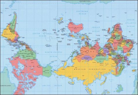 World map from Southern Hemisphere perspective.  Who says north is north and south is south.  Maybe we whirl around this way most of the time. New World Map, Magnetic Compass, Amazing Maps, Map Globe, Visual Learners, Blow Your Mind, Point Of View, Make Sense, Upside Down