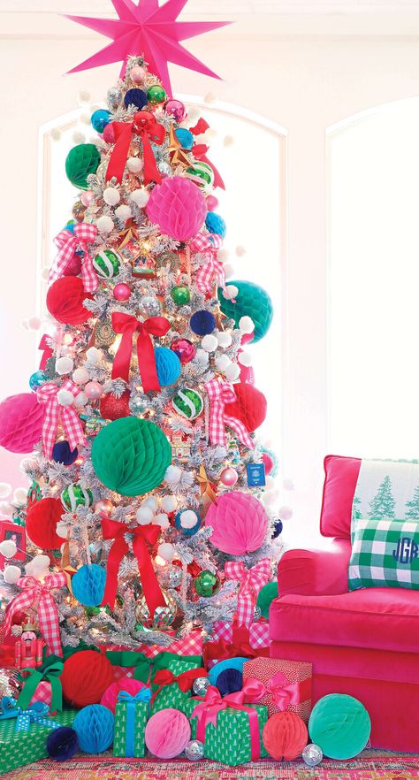 Brighten Up Your Christmas Tree This Year with These Fun Color Combos Colorful Ribbon Christmas Tree, Merry Bright Christmas Decorating Ideas, Bright Colorful Christmas Tree, Colorful Christmas Palette, Colourful Christmas Decor, Bright Colored Christmas Tree, Bungalow Christmas, Red And Green Decorations, Merry And Bright Christmas Decor