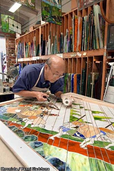 Aanraku, stained glass studio in San Mateo. Profiled is "Grandpa,'' Yoshinori Yakao a 79-year-old Japanese cook and swordsman,who started taking classes three years ago and now has a national reputation. CHRONICLE PHOTO BY PENNI GLADSTONE Photo: Penni Gladstone Art Storage Ideas, Stained Glass Workshop, Woodland Cemetery, Glass Shelves In Bathroom, Glass Shelves Decor, Glass Shelves Kitchen, Workshop Plans, Stained Glass Studio, Artist Studios