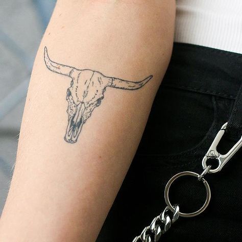 Bull Skull Tattoo - Semi-Permanent Tattoos by inkbox™ - Inkbox™ Cow Skull Tattoo, Cow Skull Tattoos, Small Skull Tattoo, Bull Skull Tattoos, Skull Tattoo Flowers, Meaning Tattoos, Cowgirl Tattoos, Cowboy Tattoos, Tattoos Meaning