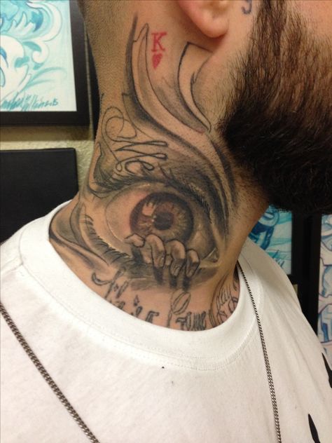 Evil Neck Tattoo, Unique Neck Tattoos For Men, Cloud Neck Tattoo, Eye Neck Tattoo, Side Neck Tattoo For Guys Ideas, Best Neck Tattoos Men, Black Men Neck Tattoo Ideas, Side Of Neck Tattoo, Middle Neck Tattoo Men