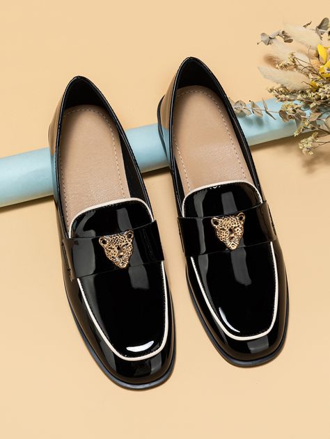 Luxury Formal Loafers With Rhinestones, Black Patent Leather Elegant Loafers, Elegant Square Toe Loafers With Metal Feet, Elegant Black Glossy Loafers, Black Rhinestone Slip-on Loafers, Leopard Decor, Black Patent Leather Loafers, Womens Black Flats, Mary Jane Shoes Flat