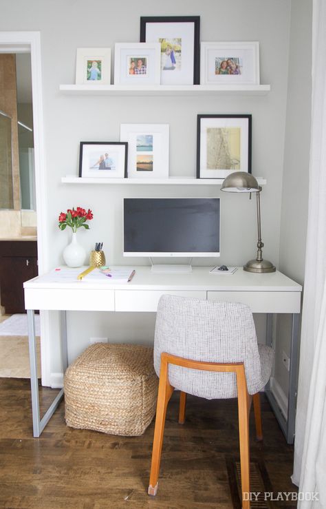 Even though we have a small master bedroom, I was able to add a little work station in the corner with a desk. Come check out our new office! Studio In Casa, Bedroom Office Combo, Cheap Office Furniture, Small Guest Bedroom, Guest Room Office, Bedroom Desk, Home Office Bedroom, Work Station, Home Office Space