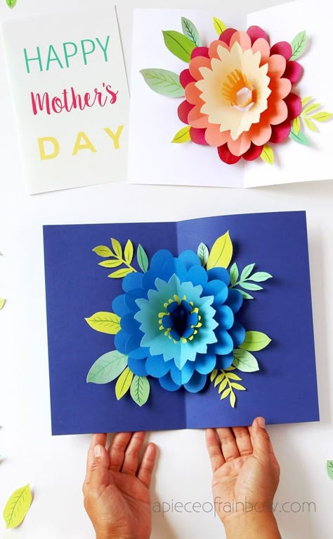 Easy DIY Happy Mother's Day card with beautiful big pop up flower: tutorial, video & free printable templates for handmade version & Cricut print and cut! - A Piece of Rainbow #diy #crafts #crafting #papercraft #papercrafts #greetingcard #valentinesday #birthday #mothersday #flower #cricut #cricutmaker #cricutcrafts Flower Cricut, Pop Up Flower, Pop Up Flower Cards, Cricut Print And Cut, Rainbow Diy, Fleurs Diy, Happy Mother's Day Card, Mothers Day Crafts For Kids, Flower Card