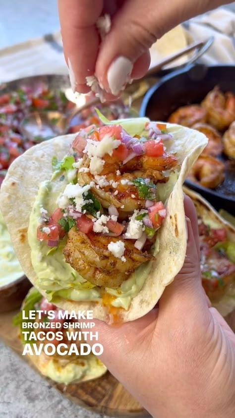 Bronzed Shrimp Tacos with Avocado Crema- these tacos are loaded with so much flavor and they are really hard to resist. The shrimp plump and cooked to perfection! Use code: VessyLobster to get $18 off $100 or more! Ingredients: 1 lbs 16-20 Black Tiger Shrimp from @lobsteranywhere 1/4 cup olive oil 1/4 tsp cumin 1 tsp salt 1/2 tsp garlic powder 1 tsp paprika 1 tsp chipotle lime garlic salt @hippypilgrimgarlicsalt Black pepper 2 garlic cloves Tortillas of choice, for serving Cotija che Bronzed Shrimp Tacos, Bronzed Shrimp Tacos With Avocado Crema, Shrimp Street Tacos, Season Shrimp, Butterfly Shrimp, Tacos With Avocado, Tiger Shrimp, Shrimp Taco Recipes, Avocado Crema