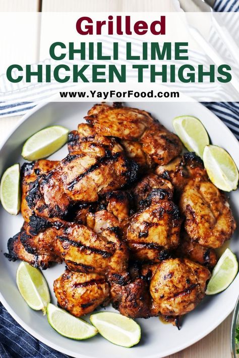 Summertime is grilling time! Enjoy delicious chicken thighs featuring the bright citrus flavour of lime and spicy notes of chili with this grilled chicken thigh recipe. Perfect for your next barbecue or picnic. #grilledchicken #summerrecipes #chicken #chickenrecipes #grilling #easyrecipes #chickenmarinade #glutenfree #chickenthighs Lime Chicken Thighs, Chicken Thigh Recipe, Chili Lime Chicken, Chicken Thigh Recipes Crockpot, Boneless Chicken Thigh Recipes, Chicken Thigh Recipes Baked, Boneless Chicken Thighs, Chili Lime, Grilled Chicken Recipes