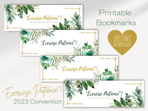 "Exercise Patience 2023 Convention bookmarks with a peaceful Botanical Green leaves design. The perfect gift to give as a thoughtful and personal way to express love and support to our friends through the Convention.  DIGITAL DOWNLOAD - PDF files for both A4 & US Letter Sizes WHAT YOU RECEIVE 2 PDF files that fit both A4 & US Letter Size paper. 4 bookmarks on one PAGE and 8 bookmarks on the other page. We recommend that you print at 100% (NOT \"fit to page/sheet\") for best results. All our designs can be customised, if you need a different size or something added, feel free to just message us! ORDERING Add the listing to your cart. After you complete payment you will see the link for downloading the file. You will find it in your purchases as well as the email  you have linked to your Ets Exercise Patience Convention, Exercise Patience, Ministry Gifts, Letter Writing Template, Convention Gifts, Pioneer Gifts, Letter Writing Paper, Jw Gifts, Christian Love