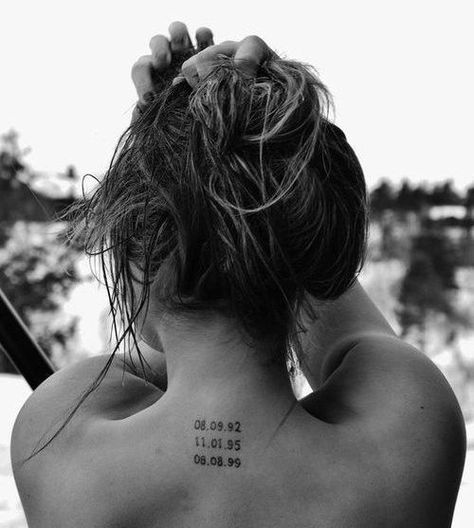 35 Splendid Back of Neck Tattoo Designs Mutterschaft Tattoos, Birthdate Tattoo, Piercing Eyebrow, Tattoo For Baby Girl, Best Neck Tattoos, Coordinates Tattoo, Roman Numeral Tattoos, Date Tattoos, Back Of Neck Tattoo