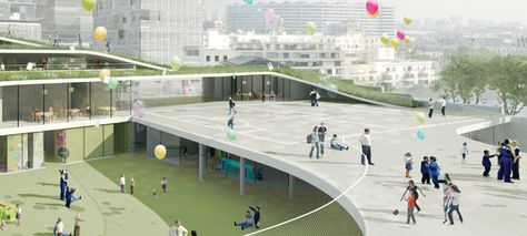 Primary School & Sport Hall / Chartier-Dalix architects Innovative School Design, Junya Ishigami, Green Roof System, Sport Hall, School Building, Roofing Systems, Bus Station, Green Roof, School Architecture