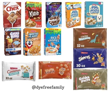 Red Dye Free Foods, Dye Free Snacks, Red Dye 40, Dye Free Foods, Movie Food, Cocoa Krispies, Cinnamon Waffles, Mini Wheats, Boys Food