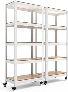 HOMEDANT House White 5-Tier Metal Rolling Cart Shelf Rack Casters Heavy Duty Wheel Shelving Unit Adjustable Utility Storage Shelves Organizer Shelf Kitchen Garage 24.4" W x 16.5" D x 62.2" H 2Pack Shelf With Wheels, Basement Storage Shelves, Scandinavian Shelves, Rolling Shelves, Owners Suite, Kitchen Garage, Shelf Kitchen, Organizer Shelf, Basement Storage