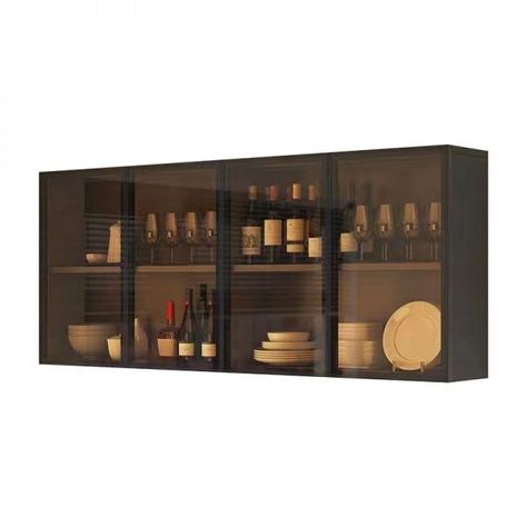 Glass Door Wood Gray Wall Mount Accent Cabinet with Cooking Device Storage and Receptacle, 55"L x 13"W x 24"H, Brown Glass Kitchen Appliance Storage, Device Storage, Stemware Rack, Ceiling Storage, China Cabinet Display, Appliances Storage, Office Storage Cabinets, Gray Wall, China Cabinets