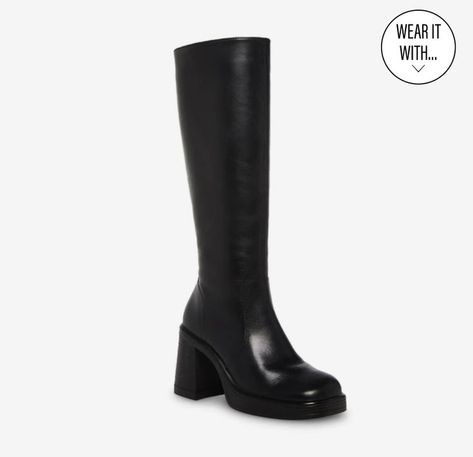 Steve Madden High Boots, Knee High Steve Madden Boots, Black Chunky Boots Steve Madden, Steve Madden Tall Black Boots, Steve Madden Cobra Black Leather Boots, Steve Madden Store, Leather Knee Boots, Apparel Merchandising, 2 Step