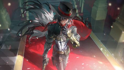 Safebooru - 1boy belt belt buckle black hair black hat bolichar boothill (honkai: star rail) brown belt buckle cape grin gun hair over one eye hat hat feather highres holding holding gun holding weapon honkai: star rail honkai (series) indoors long hair male focus multicolored hair red cape shrug (clothing) smile solo split-color hair two-tone hair weapon white hair zipper | 4964200 Long White Hair, Funny P, Cowboys Men, Manga Picture, X Twitter, Multicolored Hair, Anime And Manga, Picture Search, Manga Pictures