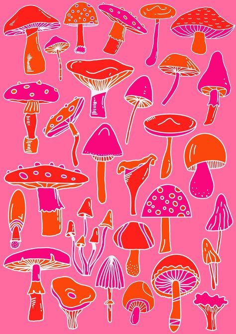 variation of funky mushrooms with wacky colours! Illustrated Mushrooms, Funky Backgrounds, Funky Mushrooms, Hippie Background, Surreal Flowers, Funky Prints, Glazing Ideas, Printable Wall Collage, Ipad Aesthetic