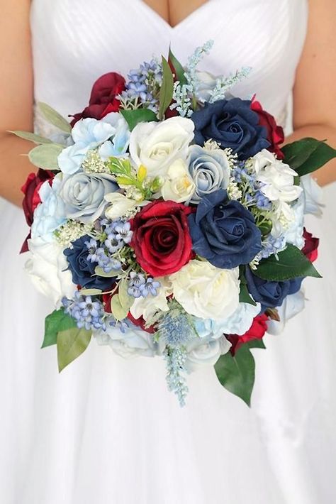 30 Independence Day Wedding Ideas ❤️ independence day wedding bouquet with bright red white and blue roses 4th of july budgetbride #weddingforward #wedding #bride #independencedaywedding Red White Blue Wedding, July 4th Wedding, Patriotic Wedding, Red Bouquet Wedding, Blue Wedding Bouquet, Red Bouquet, Red Rose Bouquet, Rose Wedding Bouquet, Blue Wedding Flowers