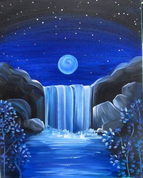 Spa Art, Paint Night Ideas, Easy Landscape Paintings, Waterfall Paintings, Moonlight Painting, Paint Inspo, Paint Nite, Painting References, Landscape Paintings Acrylic