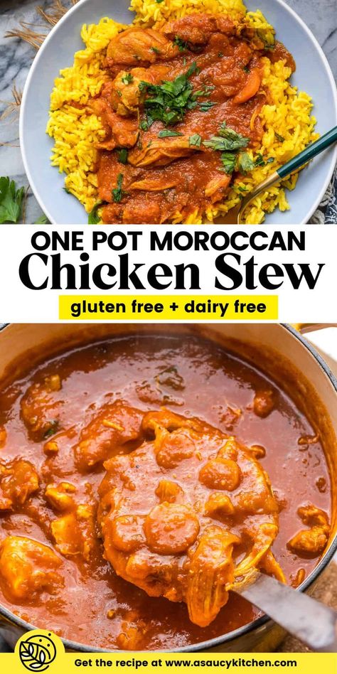 Make room on your table for this hearty and healthy, one pot Moroccan Chicken Stew! It's made with fragrant spices, tender chicken thighs, aromatic veggies and chopped dates. | Gluten Free + Dairy Free + Grain Free Healthy Fall Recipes Dairy Free, Curry Stew Chicken, Slow Cooker Spanish Chicken Stew, Paprika Chicken Stew, Moroccan Chicken Stew Recipe, One Pot Meals Recipes, Moroccan Chicken And Couscous Recipes, Moroccan Chicken Soup, Chicken And Lentil Stew