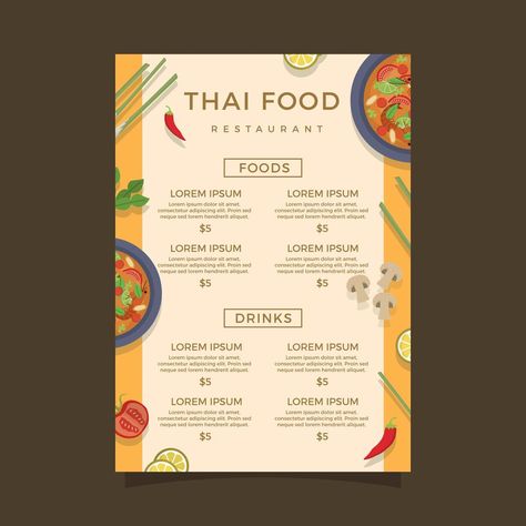 Thailand Food Menu Vector Template Small Restaurant Menu Ideas, Thai Menu Design, Small Restaurant Ideas, Thai Restaurant Menu, Thai Food Restaurant, Thai Food Menu, Menu Design Layout, Drink Menu Design, Thai Menu