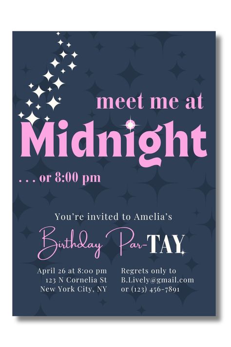 Meet me at midnight (or, let's be honest: closer to 7pm) for a Taylor Swift-themed birthday party! Perfect for all Swifties, this Taylor Swift birthday invitation will set the tone for an enchanted evening celebrating Tay-Tay’s eras. Best believe your guests will be bejeweled in their finest Eras Tour-inspired costumes. Who knows — they may even make the whole place shimmer under a mirrorball. Are you ready for it? Bejeweled Taylor Swift Party, Taylor Swift Birthday Party Invitations, Taylor Swift Birthday Invitations, Prom Poster, Taylor Swift Birthday Party, Taylor Swift Enchanted, Prom Posters, Inspired Costumes, Taylor Swfit