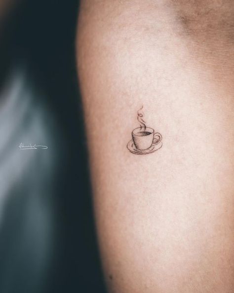 Small Tattoos Coffee Cup, Minimalist Coffee Mug Tattoo, Small Cup Of Coffee Tattoo, Dainty Coffee Cup Tattoo, Cute Coffee Cup Tattoo, Aesthetic Coffee Tattoo, Coffee Croissant Tattoo, Cup Of Coffee Tattoo Minimalist, Tiny Coffee Cup Tattoo