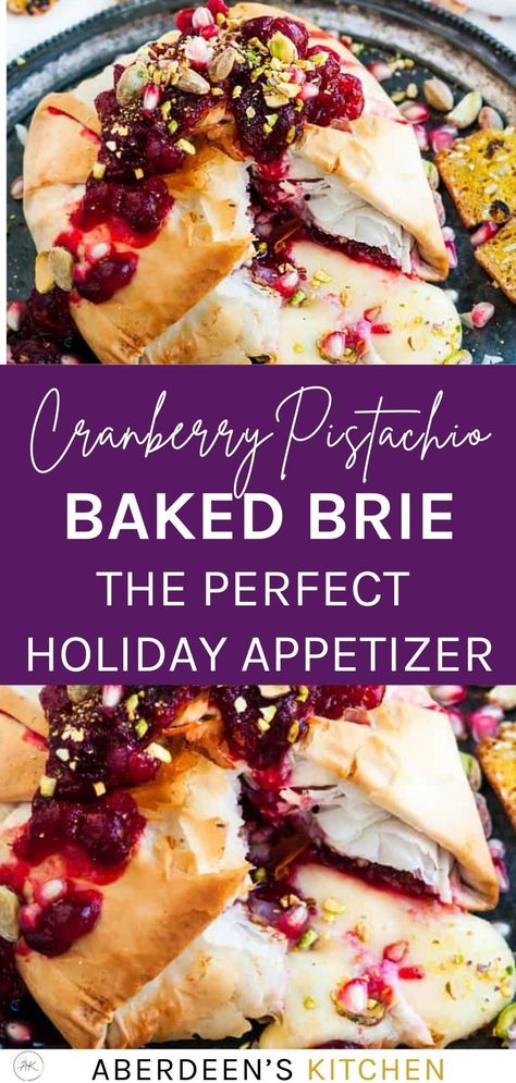 There is nothing closer to heaven than Baked Brie (except maybe a chocolate torte but that's besides the point). It's all melty and gooey and cheesy and deeeeelicious. Top it with homemade cranberry sauce, pistachios, and a sprinkle of pomegranate seeds wrapped up in crunchy phyllo dough? Yes please! Basically, this Cranberry Pistachio Baked Brie is all I want to eat for the rest of my life Layered Phyllo With Brie And Cranberry, Baked Brie Cranberry, Philo Dough, Baked Brie Recipe, Brie Cranberry, Baked Brie Recipes, Brie Appetizer, Homemade Cranberry Sauce, Brie Recipes