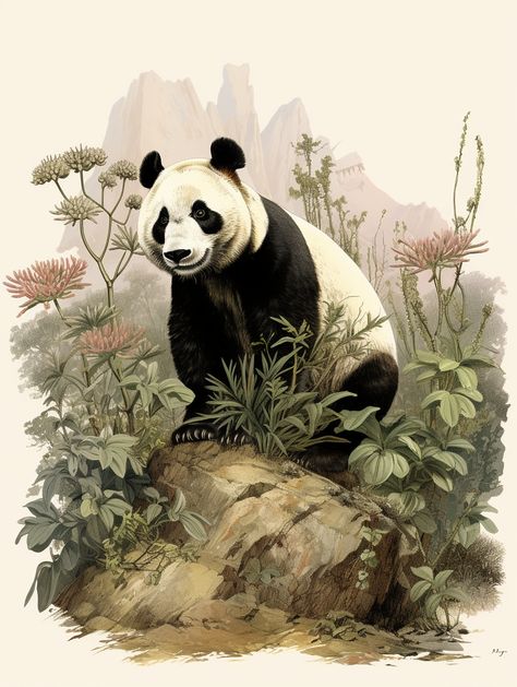 Panda Standing, Chinese Panda, Panda Illustration, Giant Panda, Chinese Painting, Line Art, 19th Century, Art Print, Illustrations