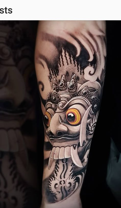 Balinese Sleeve Tattoo, Tattoo Leak Bali, Barong Rangda Tattoo, Barong Tattoo Balinese, Tattoo Barong Bali, Rangda Tattoo Design, Bali Mask Tattoo, Balinese Tattoo Design, Tattoo Balinese