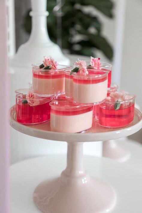 Pink Flower Jello Cups from a Pink + White Ballerina Birthday Party on Kara's Party Ideas | KarasPartyIdeas.com (6) Pink Party Foods, Balloon Bar, Cookies Personalized, Bow Cupcakes, Ballerina Birthday Party, Jello Cups, Ballerina Cake, Dessert Cups Recipes, Pink Desserts