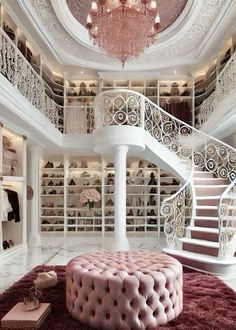 Spiral Staircase Closet, Amazing Walk In Closets, Walk In Closet Aesthetic Pink, Princess Closet Aesthetic, Two Story Closet, Walk In Closet Aesthetic, 2 Story Closet, Closet Interior Design, Walk In Closet Luxury