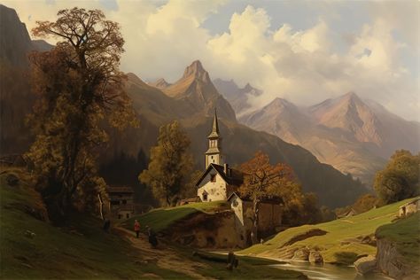 Immerse yourself in the tranquil beauty of the Swiss Alps with this vintage painting. Featuring a mountain backdrop and a church nestled among rugged terrain, this art piece exudes serenity and traditional charm. Ideal for bedrooms, living rooms, or dining areas, the rustic decor and neutral color palette add a touch of old-world elegance. Executed with intricate oil painting techniques, this Swiss Alps painting stands as a timeless homage to nature's beauty and Europe's rich artistic heritage. Wall Landscape Painting, Alps Painting, Cherub Art, Mountain Wall Decor, Traditional Wall Art, Vintage Style Art, Oil Painting Techniques, Country Paintings, City Painting