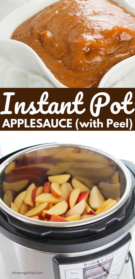 Closeup of applesauce  with a warm brown tint in a white bowl. Picture of an Instant pot loaded with sliced apples with the peel on. Chunky Applesauce Recipe, Apples For Applesauce, Instant Pot Applesauce, Cinnamon Applesauce, Applesauce Recipe, Instant Pot Ideas, Apple Sauce Recipes, Homemade Applesauce, Instant Pot Pork