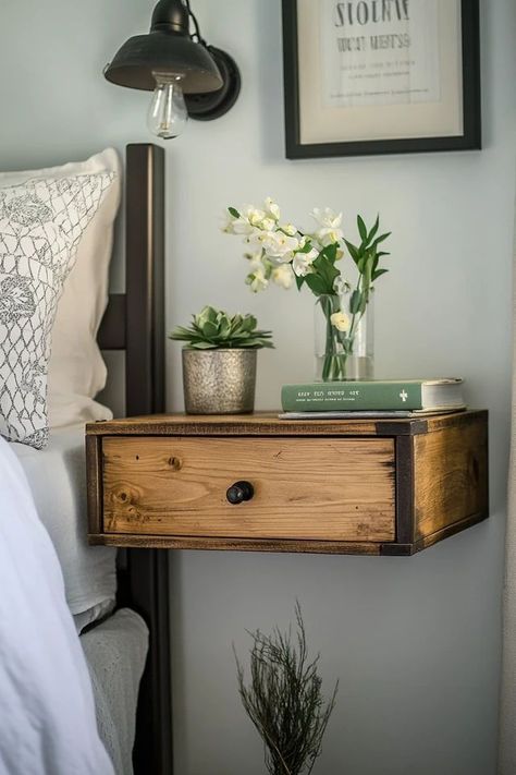 "Create modern, minimalist storage with DIY Floating Nightstands! 🛠️✨ #DIYProjects #SpaceSavingIdeas #BedroomDecor" Diy Floating Nightstand Bedside Tables, Wall Nightstand Ideas, Diy Floating Nightstand, Nightstands Diy, Floating Bedside Shelf, Diy Bedside Table, Floating Nightstands, Minimalist Storage, Floating Bedside Table