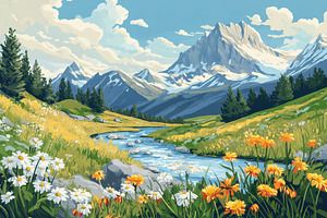 A picturesque landscape features majestic mountains, a clear river winding through a meadow, and colorful wildflowers in full bloom beneath a bright blue sky. Colorful Wildflowers, Picturesque Landscape, Bright Blue Sky, Landscape Features, Majestic Mountains, In Full Bloom, Mountain Landscape, Bright Blue, Blue Sky