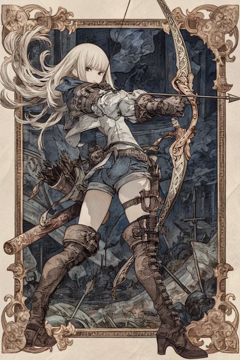 Head Armor Design, Archmage Character Design, Steampunk Drawing Characters, Dnd Illustration, Archer Characters, Hunter Character, Pixiv Fantasia, Lady Knight, Female Character Art