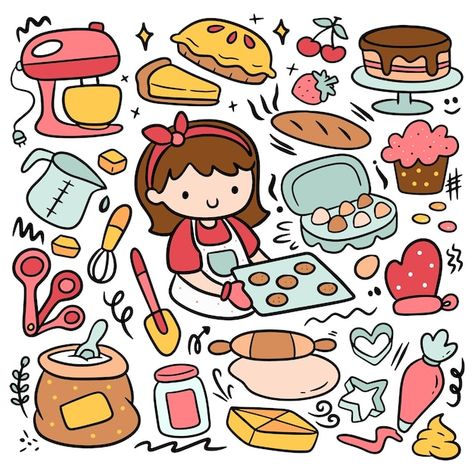 Kitchen Doodle Art, Cute Cooking Drawing, Shopping Doodles, Kawaii Baking, Baking Drawing, Ux Design Principles, Kitchen Drawing, Baby Scrapbook Pages, Kawaii Clipart