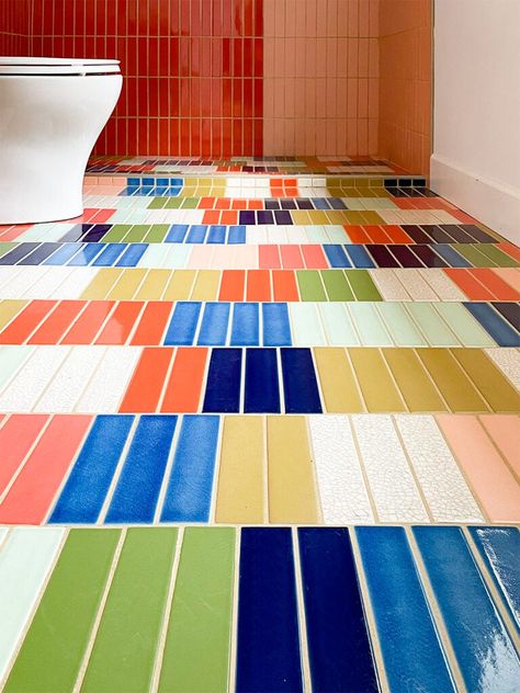 Color Block Bathroom, 2x8 Tile, Warm Tiles, Bold Tile, Tile Colors, Colorful Bathroom, Room Accent Wall, Eclectic Bathroom, Fireclay Tile