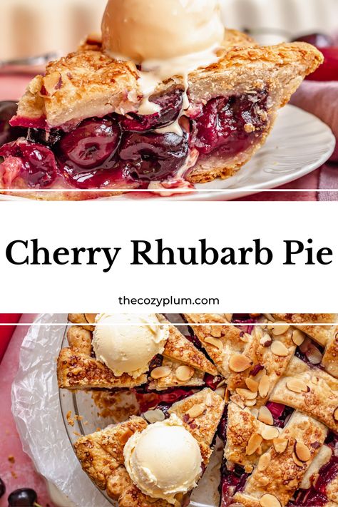 Cherry Rhubarb Pie combines a sweet and tart jammy filling in a flaky, homemade crust. Cherries and rhubarb are an iconic summer fruit combination, and this pie, with a beautiful lattice crust, is like summer on a plate. This rhubarb cherry pie is like a cherry rhubarb crumble or crisp in pie form. Fresh or frozen sweet dark cherries work great paired with tart rhubarb. The fruit gets mixed with cornstarch and sugar for a perfectly set fruit pie filling. Cherry Rhubarb Pie, Rubarb Pie, Apple Rhubarb Pie, Cherry Rhubarb, Lattice Crust, Homemade Pie Recipes, Cherry Crisp, Fruit Pie Filling, Homemade Crust