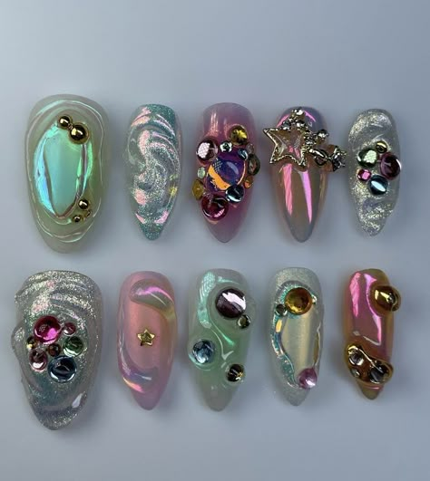 Nail Design Glitter, 3d Chrome, Junk Nails, Crazy Nails, Japanese Nails, Jelly Nails, Maximalism, Fire Nails, Nail Charms