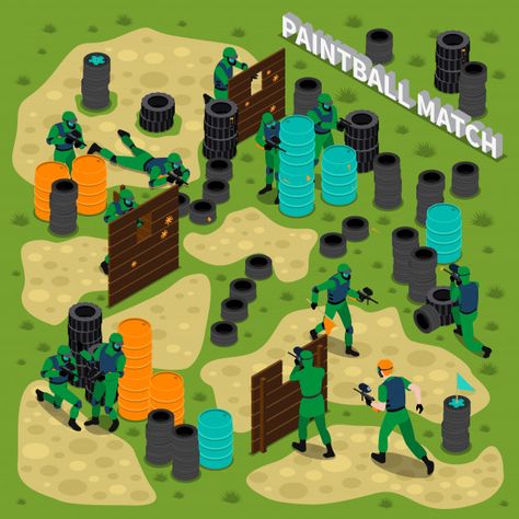 Paintball match isometric illustration | Free Vector #Freepik #freevector #business #cover #template #sport Paintball Field Ideas Layout, Diy Paintball Course, Paintball Field Ideas, Paintball Game, Paintball Field, Nerf Party, Fun Park, Outdoor Park, Isometric Illustration